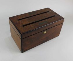 A 19th century walnut rectangular stationary box the lid with two slots and brass plaques