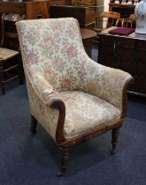 A lyre shape armchair in the manner of Gillows, with floral upholstery, brass inlaid decoration,