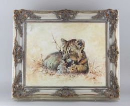 Silvia Duran, lion cub, oil on canvas, signed, verso inscribed 'Jimmy 73', 40.5cm by 51cm, with
