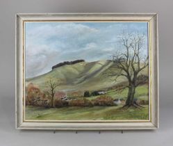 Caryl Hale (20th century), landscape view of the Litlington White Horse, oil on board, signed and