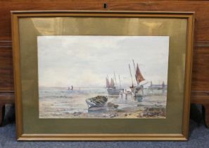 J Hughes-Clayton, fisherfolk on a shoreline, watercolour, signed, 37cm by 58cm