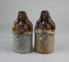 Two brown stoneware 'Brougham's Reform Cordial' flasks, Lord Brougham holding a scroll impressed '
