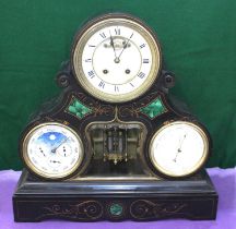A late 19th century Belgium black marble and malachite inset calendar mantle clock, white enamel