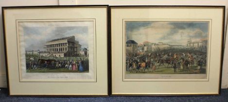 Two 19th century Epsom horseracing coloured engravings after James Pollard comprising Epsom, The