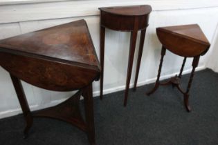 A Victorian inlaid rosewood triangular drop flap side table 59cm, another similar smaller triangular