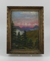 Miss K Beal (Victorian school), view of mountain tops through trees, 'View from Brockhurst', oil