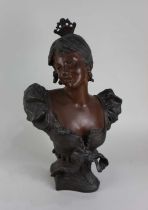 After Moreau, a patinated spelter bust of a lady 42cm high