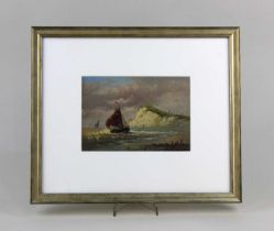 Maritime school, boats sailing off cliffs, oil, unsigned, 11.5cm by 16.5cm