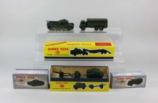 Four boxed Dinky Toys comprising a 660 Tank Transporter , 697 25-Pounder Field Gun Set, 651