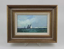 Norman Battershill, Seascape and trawlers, oil on board, initialled, verso inscribed, 12cm by 20cm