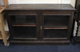 An oak cabinet with two glazed panel doors enclosing shelf with tooled leather fringe, on plinth