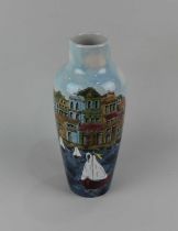 A Cobridge pottery 'Riviera' pattern porcelain vase decorated with sailing boats before buildings,