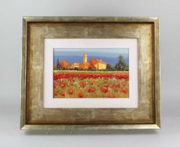 Bruno Tinucci, landscape with buildings beyond, 'Red Poppies I', or 'Papaveri Rossi I', oil on