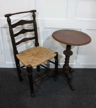 A Macclesfield ladderback rush seated chair and a small mahogany side table with circular top and