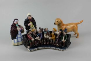 A Will Young Runnaford Pottery model of seven figures seated on a bench, titled 'Bill Brewer, Jan
