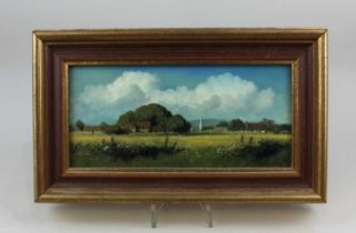 Oliver Ommanney, view from Donnington with Chichester cathedral in the background, oil on board,