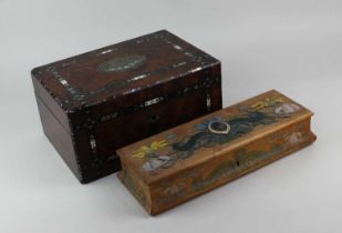 A Victorian burrwood and shell inlaid sewing box 28cm (a/f) and a wooden glove box carved with