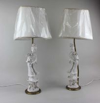 A pair of Chinese blanc de chine porcelain figures 35cm high mounted for use as table lamps, with