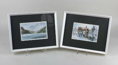 Tom Groom, two watercolours comprising buildings at Midhurst, signed, 8cm by 13cm, and lake scene