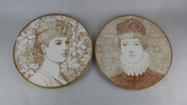 A pair of Ashworth Pottery Aesthetic Movement circular plaques or chargers, printed in sepia with