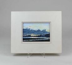 Peter Iden, sun setting, Bosham, oil on board, verso inscribed, 12cm by 16cm