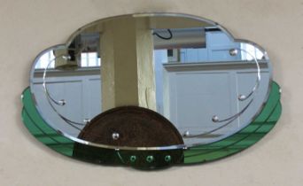 An Art Deco green and clear glass oval shaped mirror 76cm
