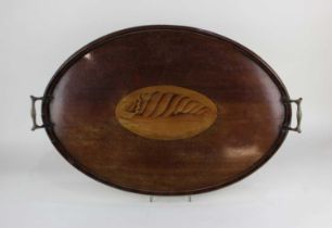 An Edwardian mahogany and shell marquetry inlaid oval tray with brass handles 60cm (a/f)