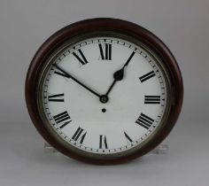 A wooden framed railway station type wall clock with 30cm white dial and Roman numerals
