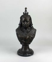 A cast bronze bust of Queen Victoria on marble base 41cm high overall