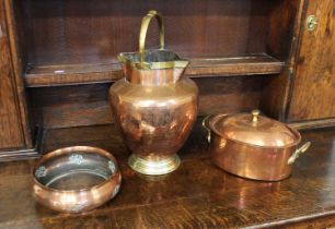 A copper and brass jug 42cm high, Beldray copper vase/dish and an oval copper and brass cooking