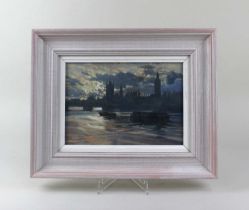 Peter Iden, Houses of Parliament, oil on board, signed, verso inscribed, 17cm by 24cm