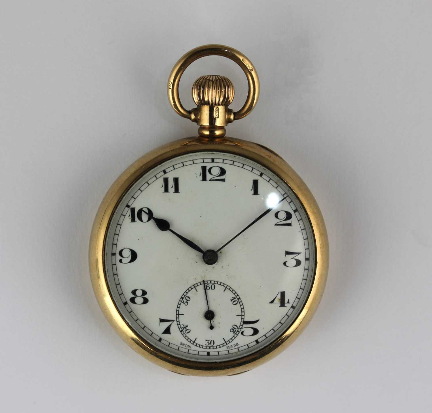 A 9ct gold cased keyless wind open faced gentleman's pocket watch, the enamel dial with Arabic