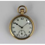 A 9ct gold cased keyless wind open faced gentleman's pocket watch, the enamel dial with Arabic