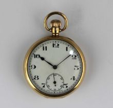 A 9ct gold cased keyless wind open faced gentleman's pocket watch, the enamel dial with Arabic