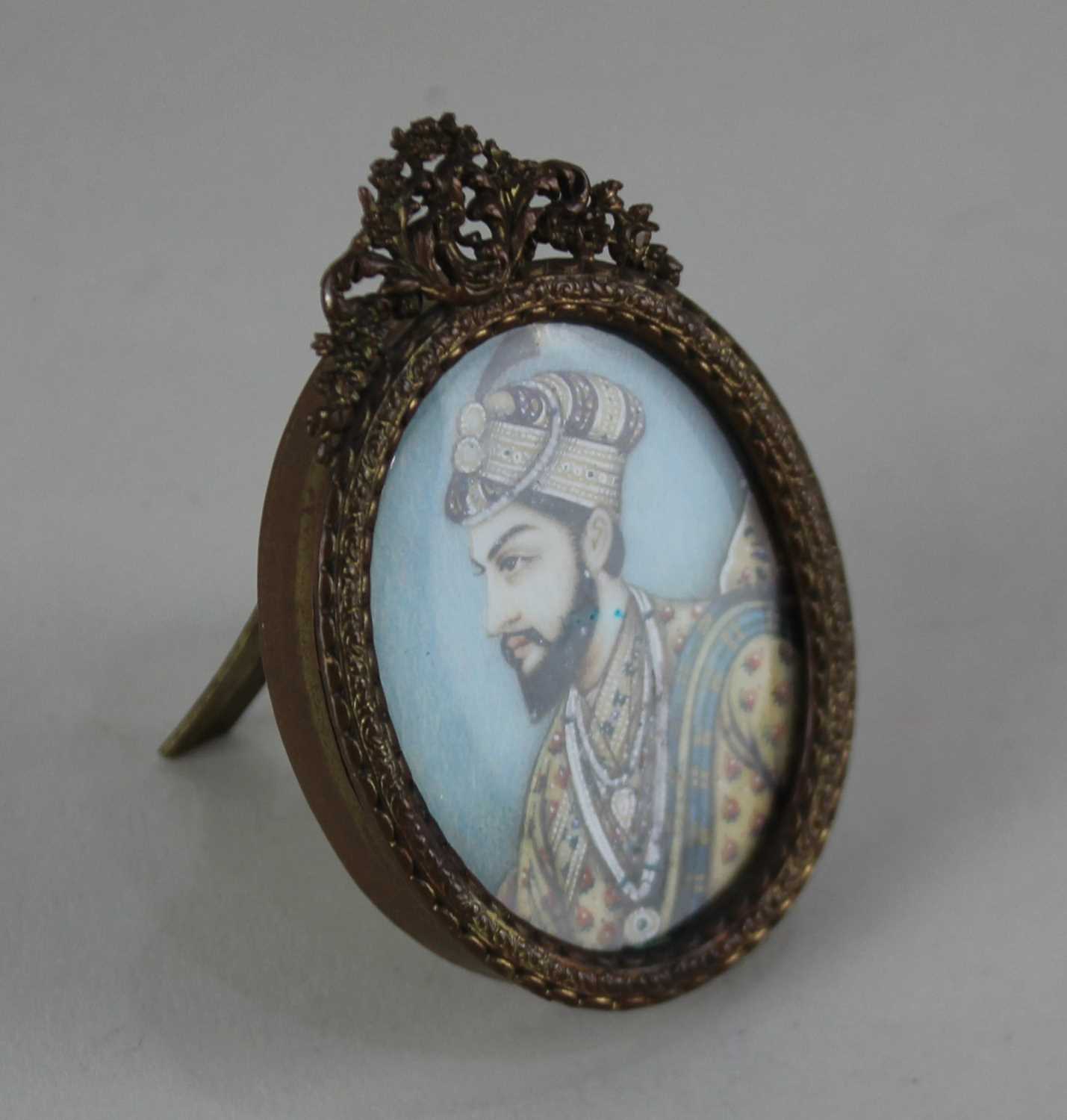 A 19th century Indian portrait miniature of Shah Jahan 4cm by 3cm Ivory declaration reference