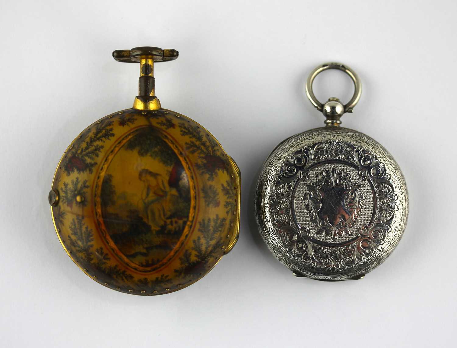 A gilt metal translucent horn or tortoiseshell pair cased open faced pocket watch the gilt fusee - Image 2 of 2