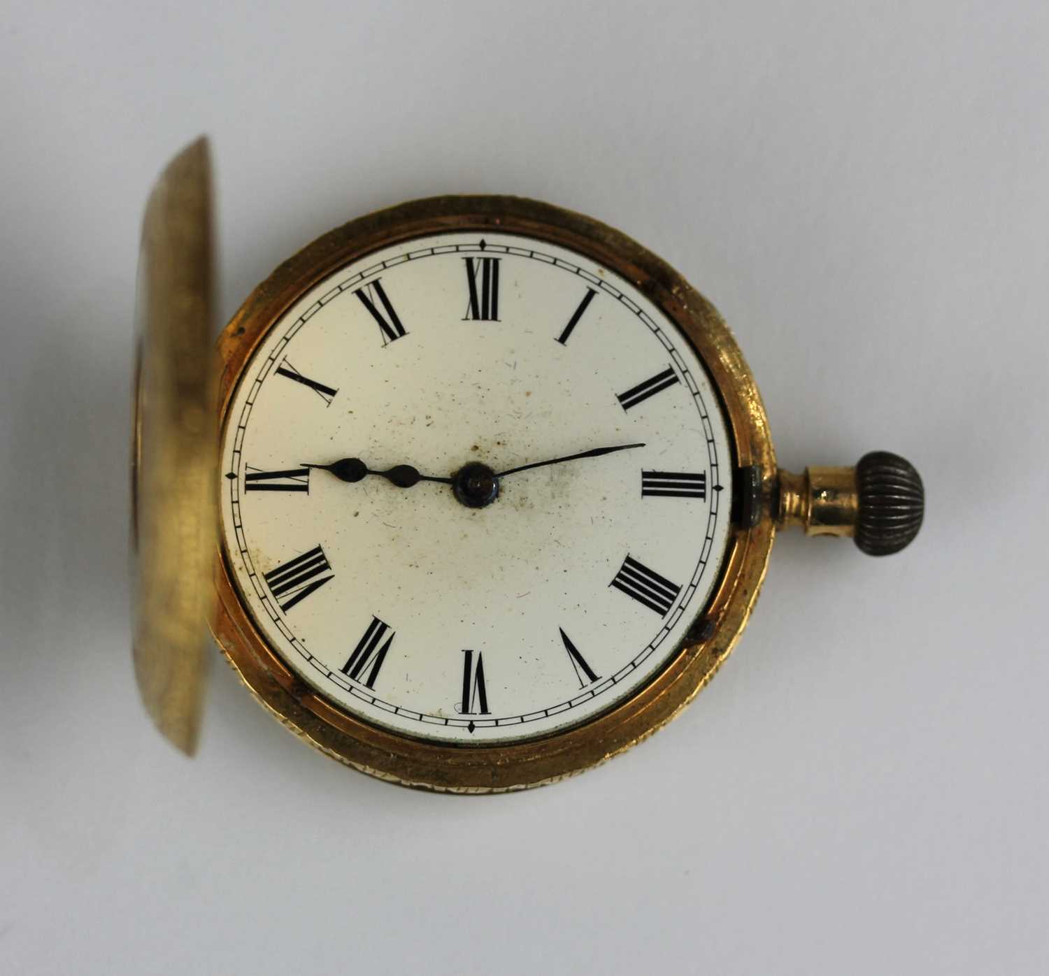 A gold keyless wind half hunt in case lady's fob watch with a base metal inner case, the case - Image 2 of 2
