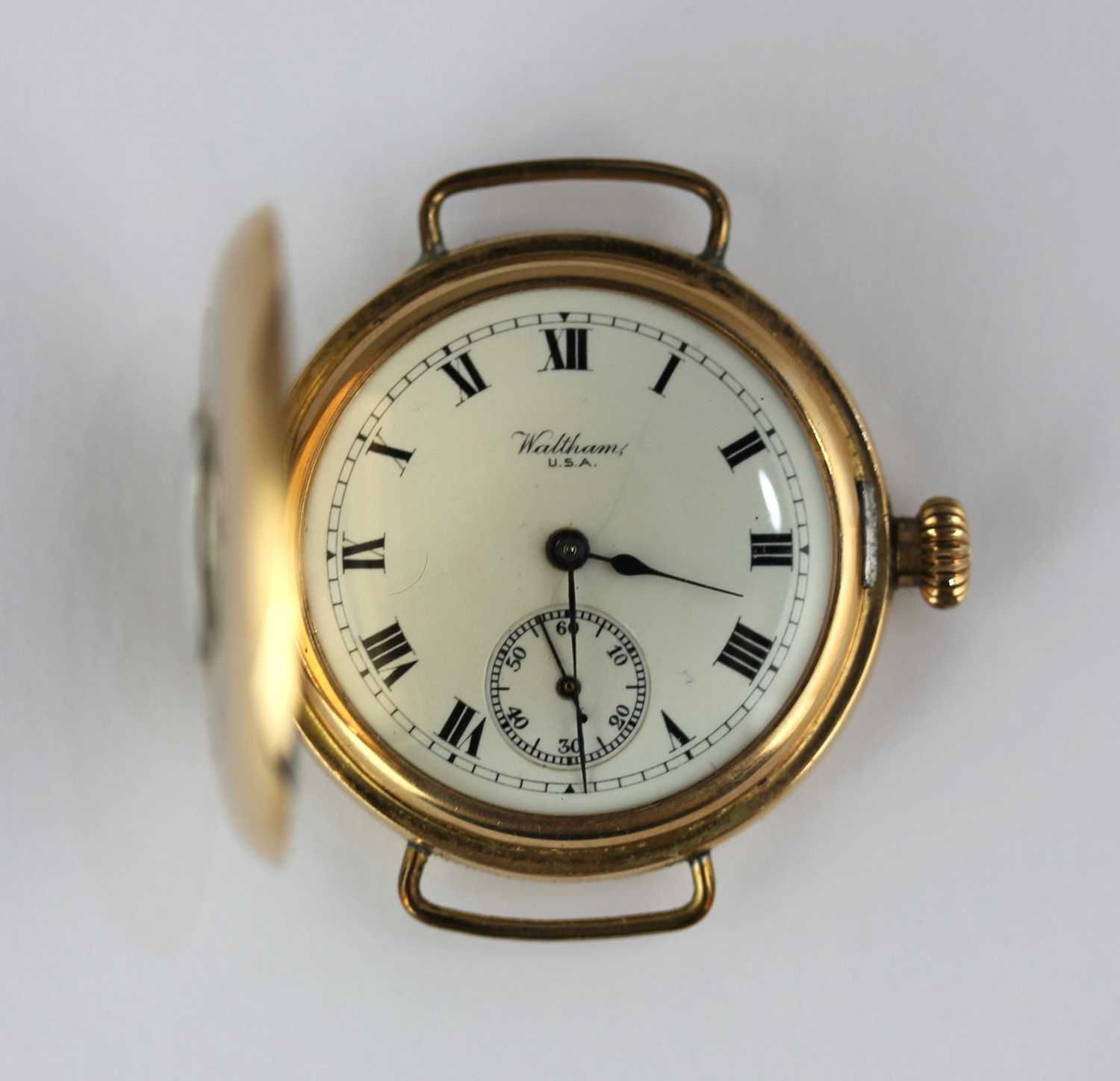 A 15ct gold half hunt in case wristwatch, the jewelled lever movement detailed 'A.W.W. Co. LADY - Image 2 of 2