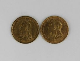 A Victoria Jubilee head half sovereign 1892 and a Victoria old head half sovereign 1897