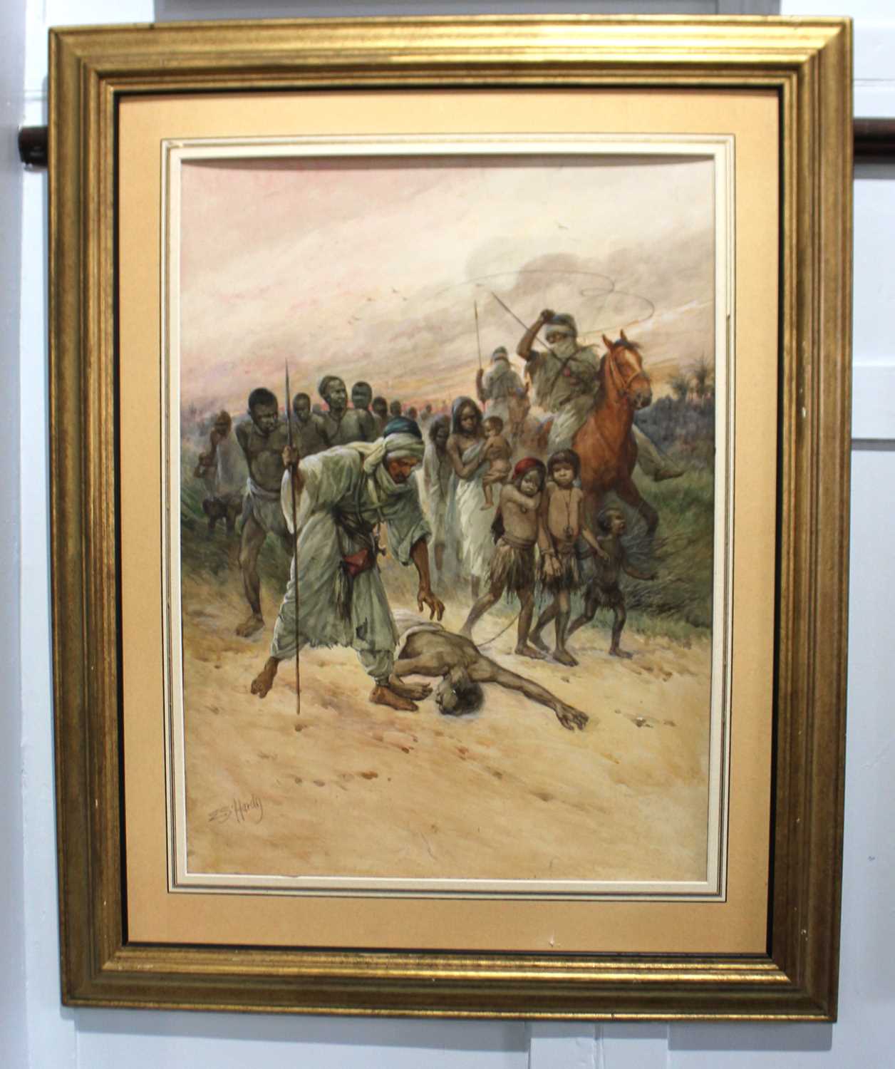 Evelyn Stuart Hardy (British, 1866 - 1935) - 'Arab slave Traders', watercolour, signed, framed, 70cm
