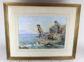 Follower of Ralph Hedley (1848-1913), boys fishing off a coastline, watercolour, bearing
