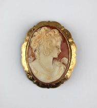 A 9ct gold mounted oval shell cameo brooch carved with the portrait of a lady, the shaped surround