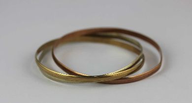 A 9ct three colour gold Russian style bangle, London 1995, 20.4g
