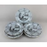 Five Chinese porcelain en grisaille plates decorated with mythological subjects, with gilt