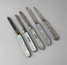 Three silver bladed fruit knives with mother of pearl handles including one by Atkin Brothers,