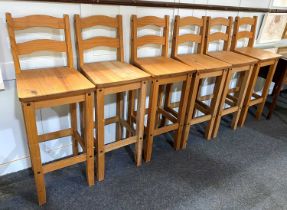 A set of six pine bar / breakfast bar back stools