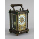 A Victorian alarm carriage clock, the gilt metal case decorated with paste jewels, enamelled chapter
