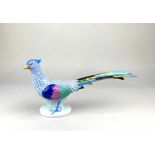 A Herend porcelain hand painted model of a pheasant with blue tipped feathers 32.5cm long