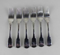 A matched set of six early19th century silver fiddle pattern dessert forks with engraved initial,