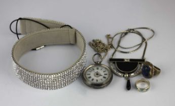 A Swarovski paste hair band with a box, a silver cased key wind open faced fob watch, Birmingham